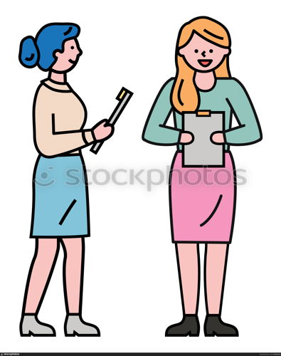Two people stand with clipboards with notes for recruitment. Manager talk to lady about work, employment interview. Women hold notepad with important documentation. Vector illustration in flat style. Women Stand with Clipboards in Hands, Interview