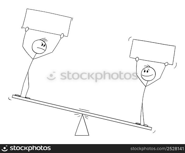 Two person standing on balance scales and holding empty signs, vector cartoon stick figure or character illustration.. Two Persons on Balance Scales Holding Empty Signs , Vector Cartoon Stick Figure Illustration
