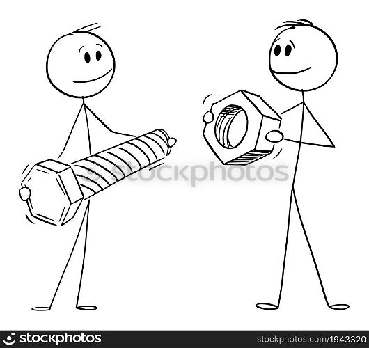 Two persons or businessmen holding nut and bolt as concept or problem and solution and cooperation, vector cartoon stick figure or character illustration.. Persons or Businessmen Holding Bolt and Nut, Cooperation and Problem Solving , Vector Cartoon Stick Figure Illustration