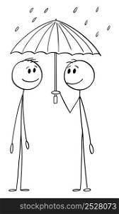 Two persons or friends sharing umbrella in rain, protection,help and security, vector cartoon stick figure or character illustration.. Two Persons Sharing Umbrella Protection in Rain, Vector Cartoon Stick Figure Illustration