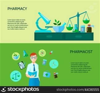 Two Pharmacist Banner Set. Two pharmacy banner describe pharmacist with manufacture of drugs and substances process vector illustration