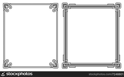 Two photoframes with decor elements at each corner on top and on bottom, empty inside vector illustration isolated on white background, colorless border. Two Photoframes with Decor Elements at Each Corner
