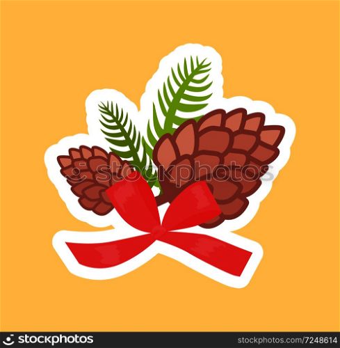 Two pine cones decorated with red bow vector illustrations isolated on beige background. Decorative natural fir elements, spruce cone and branches. Two Pine Cones Decorated with Red Bow Vector