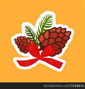 Two pine cones decorated with red bow vector illustrations isolated on beige background. Decorative natural fir elements, spruce cone and branches. Two Pine Cones Decorated with Red Bow Vector
