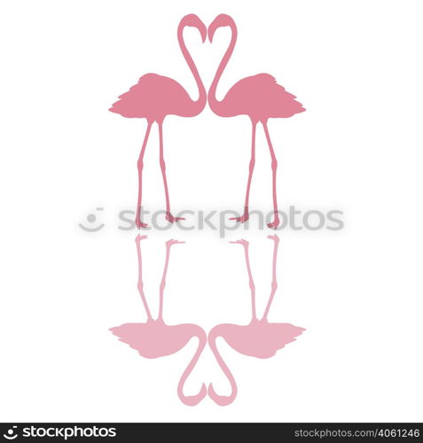 Two pink flamingos, necks form a heart, with shadows , vector for print or design. Two pink flamingos