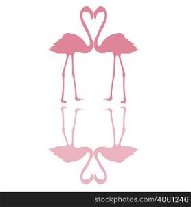 Two pink flamingos, necks form a heart, with shadows , vector for print or design. Two pink flamingos