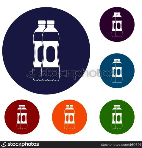 Two plastic bottles icons set in flat circle reb, blue and green color for web. Two plastic bottles icons set