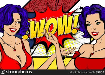 Two pop art wow face women. Wow, omg emotion. Comic book style. Blue hair girl pin up art. Halftone background. Female cartoon character. Happy smile surprised emotion.. Pop art woman retro girl happy face