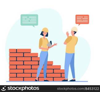 Two positive builders talking and working. Brick, worker, wall flat vector illustration. Construction and communication concept for banner, website design or landing web page