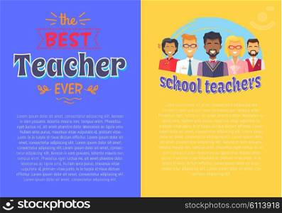 Two Posters Teacher Theme Vector Illustration. Two posters best school teacher theme including example of text, title and pictures of educators vector illustration isolated on purple and yellow