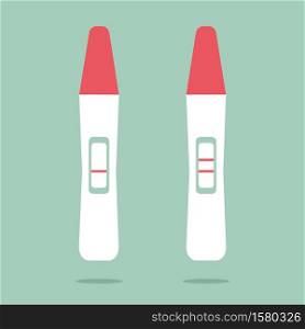 Two pregnancy tests. Positive and negative results. Simple objects on a blue background. Problems with pregnancy, infertility, fertilization, conception. Flat vector illustration