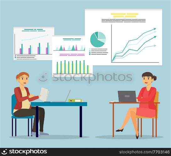 Two pregnant women sit by table at office. Future mothers working on laptop and with papers. Businesswomen on workplace in parlor. Diagrams and infographics on board. Vector illustration in flat style. Pregnant Woman Work in Office, Analytics on Board