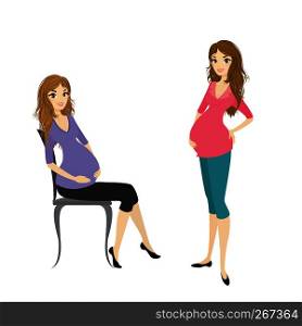 Two pregnant women standing and sitting, isolated on white background, cartoon vector illustration. Two pregnant women standing and sitting