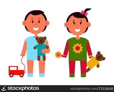 Two pretty children with various toys color banner, white backdrop, bright blue suit, cute teddy bears, red car, flower on blouse, vector illustration. Two Pretty Children with Various Toys Color Banner