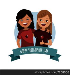 Two pretty girls on the friendship day. United friends forever. Isolated flat vector illustration
