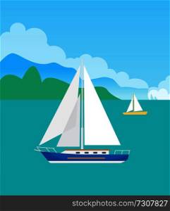 Two pretty sailboats, color vector illustration with pair of blue and yellow vessels, round clouds, shiny day, calm sea, green mountains silhouette. Two Pretty Sailsboats, Color Vector Illustration