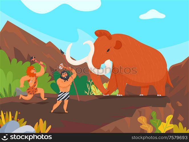 Two primitive men hunting mammoth with stone weapons cartoon vector illustration