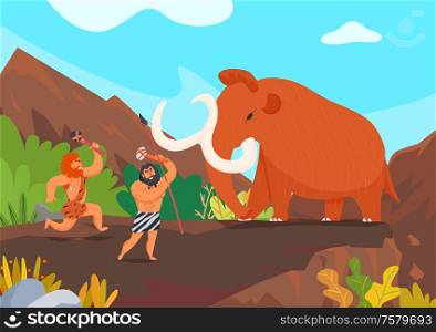 Two primitive men hunting mammoth with stone weapons cartoon vector illustration