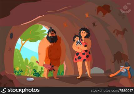 Two primitive people with child in cave cartoon vector illustration