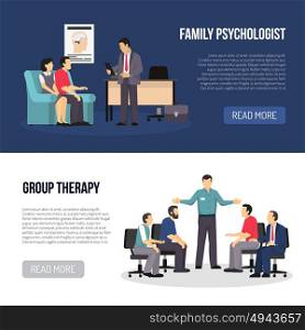 Two Psychologist Banners. Two horizontal psychologist banners with people in classes of group therapy and family psychologist counseling wife and husband flat vector illustration