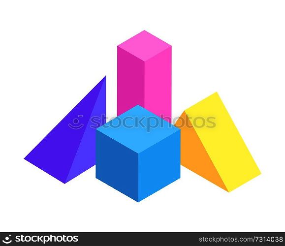 Two pyramids and square prisms, vector poster, illustration with geometric figures collection, blue cube and pink cuboid, isolated on white background. Two Pyramids and Square Prisms, Vector Poster