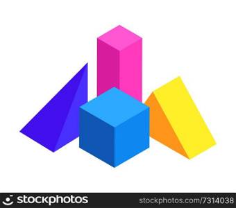 Two pyramids and square prisms, vector poster, illustration with geometric figures collection, blue cube and pink cuboid, isolated on white background. Two Pyramids and Square Prisms, Vector Poster