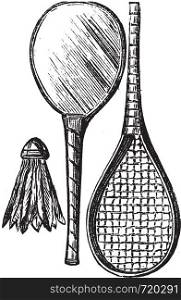 Two Rackets and shuttlecock, vintage engraving. Old engraved illustration of Two Rackets and shuttlecock isolated on a white background.
