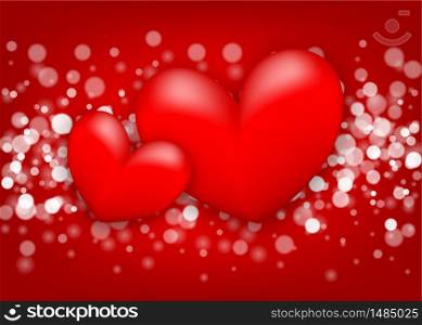 Two realistic 3d heart romantic sparkle bokeh vector illustration background. St. Valentine greeting card. Handwritten lettering. Happy Valentines Day - Feliz San Valentin Spanish language.