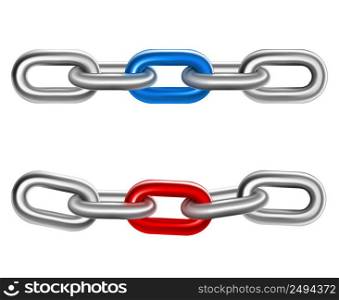 Two realistic pieces of steel chain with red and blue links in the middle isolated vector illustration . Realistic Steel Chains 2 Pieces Set