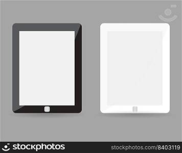 Two realistic tablet pc concept - black and white with blank screen. Highly detailed responsive realistic small tablet mockup isolated on gray background. Vector illustration EPS10. Two realistic tablet pc concept - black and white