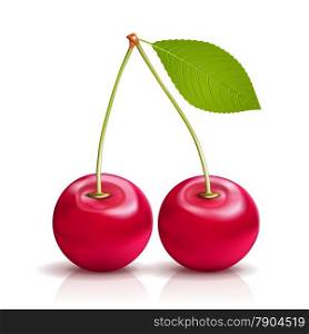Two realistic vector cherries with Leaf isolated on white background. EPS10 opacity