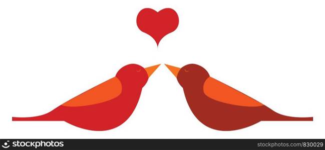 Two red birds facing each other with the eyes closed and a red heart-centered above them vector color drawing or illustration