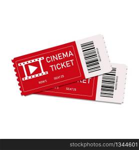 Two red cinema tickets isolated on white background. Close up top view on two movie tickets. Realistic front view. Coupon of concert, theatre or film. Cards entrance with row and seat numbers. Vector.. Two red cinema tickets isolated on white background. Close up top view on two movie tickets. Realistic front view. Coupon of concert, theatre or film. Cards entrance with row and seat numbers. Vector