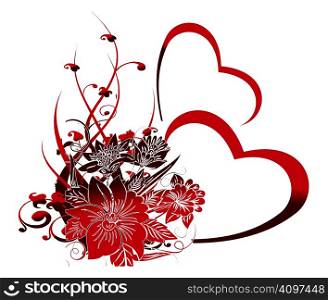 Two red hearts on a white background with an ornament