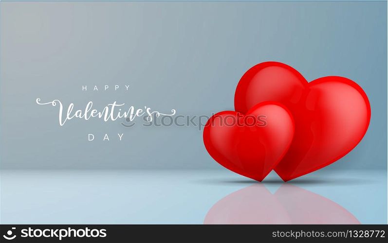 Two red hearts on blue background with reflection and shadow for valentines day background.