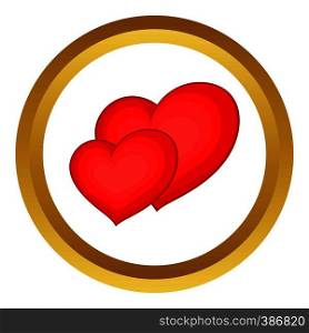 Two red hearts vector icon in golden circle, cartoon style isolated on white background. Two red hearts vector icon