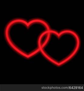 Two red hearts with neon lights. . Two red hearts with neon lights. Vector illustration .