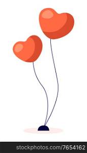Two red helium balloons for celebration event like wedding or Valentines day. Festive decoration for party. Heart shaped objects isolated on white background. Vector illustration in flat style. Heart Shaped Helium Balloons for Celebration Event