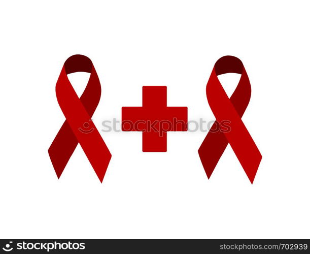 Two red ribbons with red medical cross on blank background in flat design. Eps10. Two red ribbons with red medical cross on blank background in flat design