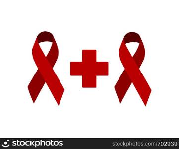 Two red ribbons with red medical cross on blank background in flat design. Eps10. Two red ribbons with red medical cross on blank background in flat design
