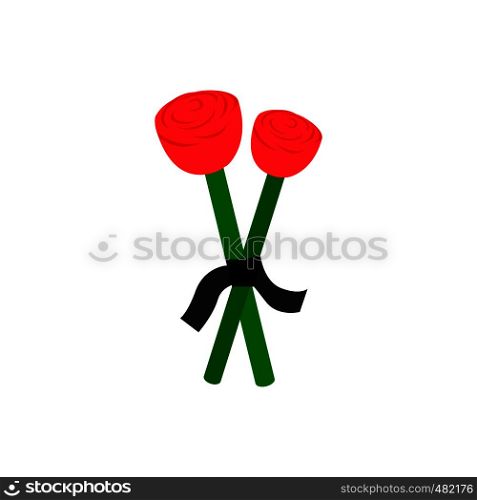 Two red roses and black mourning isometric 3d icon on a white background. Two red roses and mourning ribbon isometric icon