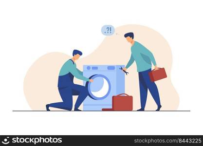 Two repairmen fixing washing machine. Handymen, mentor and intern with tools flat vector illustration. Home appliance repair service concept for banner, website design or landing web page
