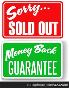 Two retail store window style signs Money Back Guarantee Sorry Sold Out