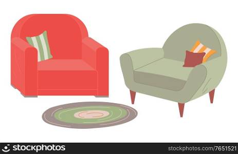 Two retro armchairs with couches and carpet on floor isolated on white. Vector piece of furniture, cosy seat or sofa, comfortable upholstery, relaxation place. Two Retro Armchairs with Couches, Carpet on Floor