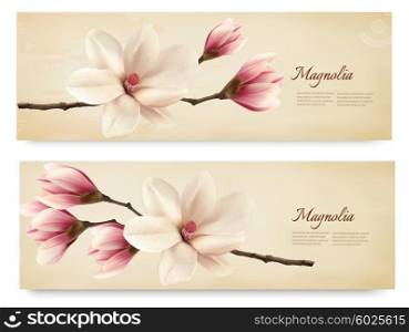 Two retro beautiful magnolia banners. Vector.