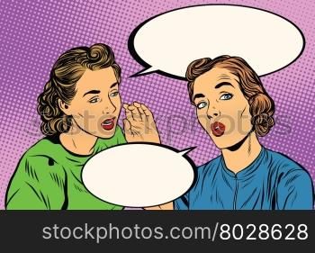 Two retro girlfriends know a secret pop art vector. Rumours, news and gossip. Lifestyle