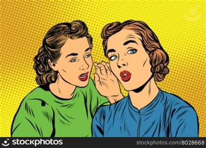 Two retro girlfriends know a secret pop art vector. Rumours, news and gossip. Lifestyle