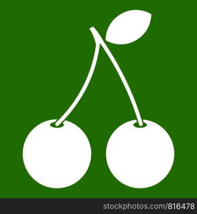 Two ripe cherry berries icon white isolated on green background. Vector illustration. Two ripe cherry berries icon green