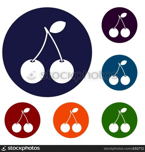 Two ripe cherry berries icons set in flat circle reb, blue and green color for web. Two ripe cherry berries icons set