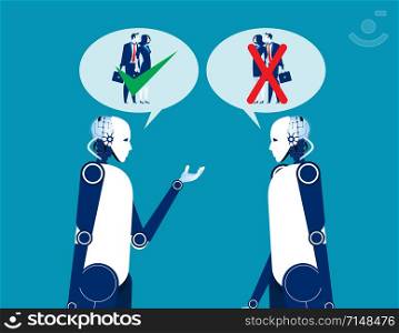 Two robot talking about human. Concept business vector illustration. Automation technology.